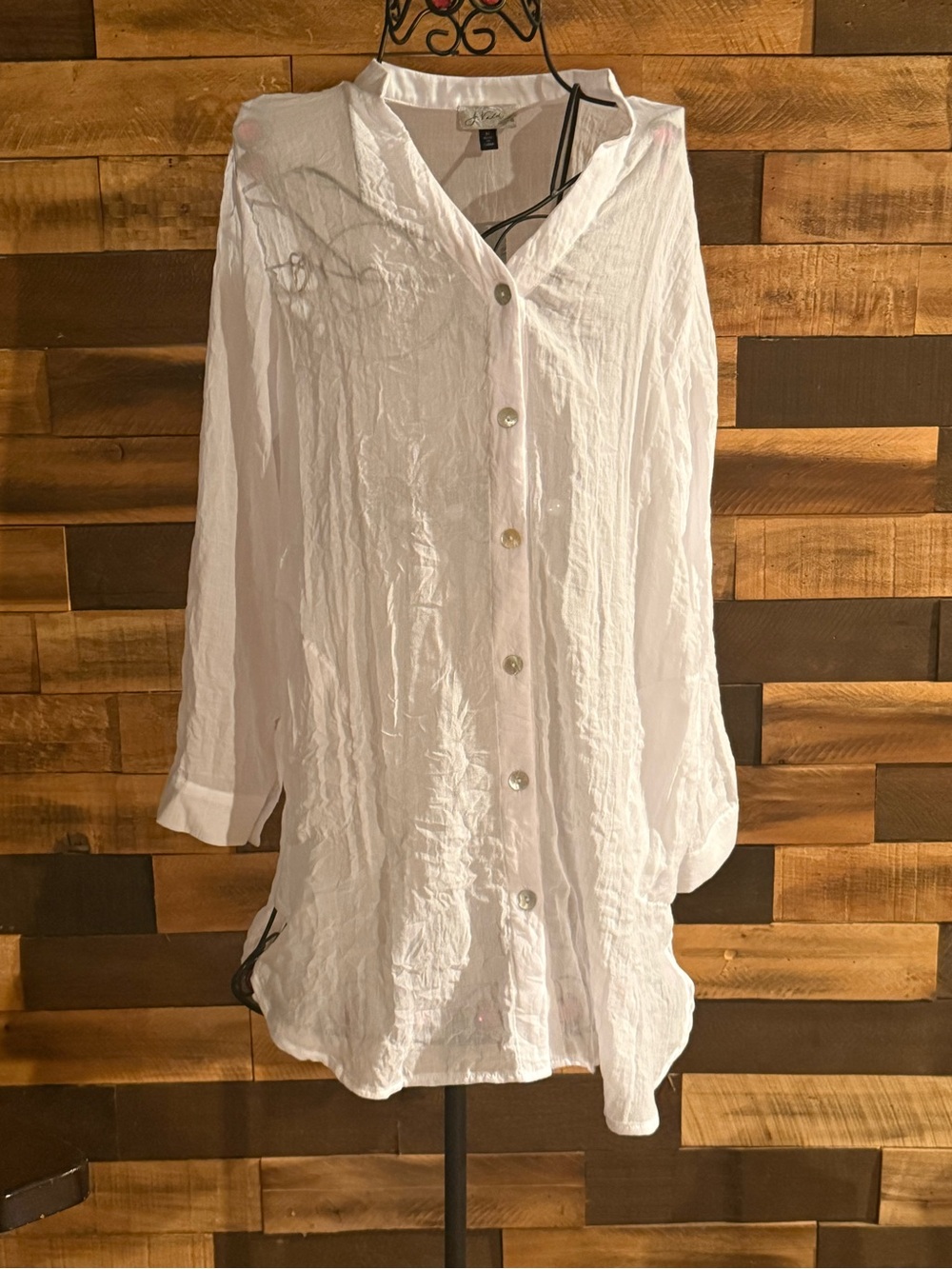 J. Valdi White Crinkle Gauze Button Down Tunic Swim Cover Up M NWT